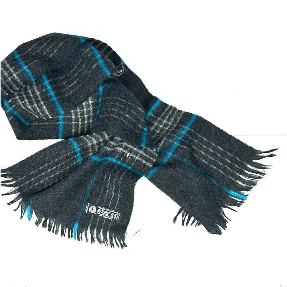 NWT Men’s Pure Lambswool Scarf Charcoal Gray Blue Winter made in Uruguay